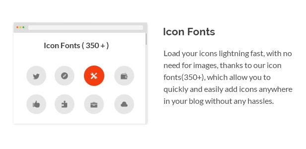 Load your icons lightning fast, with no need for images, thanks to our icon fonts(350+), which allow you to quickly and easily add icons anywhere in your blog without any hassles.