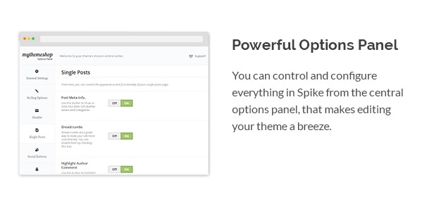 You can control and configure everything in Spike from the central options panel, that makes editing your theme a breeze.
