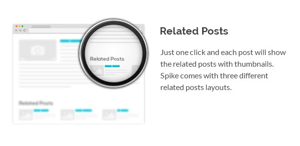 Just one click and each post will show the related posts with thumbnails. Spike comes with three different related posts layouts.