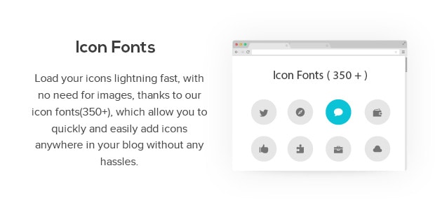 Load your icons lightning fast, with no need for images, thanks to our icon fonts(350+), which allow you to quickly and easily add icons anywhere in your blog without any hassles.