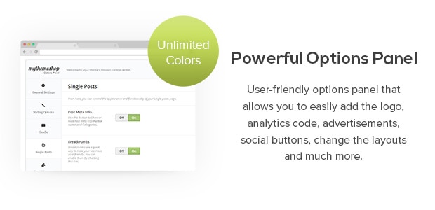 User-friendly options panel that allows you to easily add the logo, analytics code, advertisements, social buttons, change the layouts and much more.