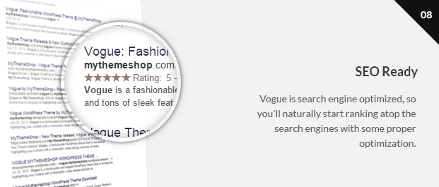 Vogue is search engine optimized, so you'll naturally start ranking atop the search engines with some proper optimization.