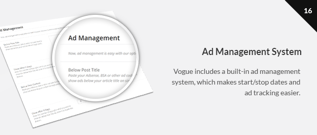 Vogue includes a built-in ad management system, which makes start/stop dates and ad tracking easier.