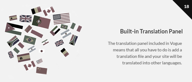 The translation panel included in Vogue means that all you have to do is add a translation file and your site will be translated into other languages.