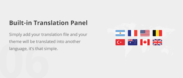 Simply add your translation file and your theme will be translated into another language, it's that simple.