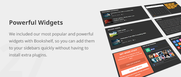 We included our most popular and powerful widgets with Bookshelf, so you can add them to your sidebars quickly without having to install extra plugins.