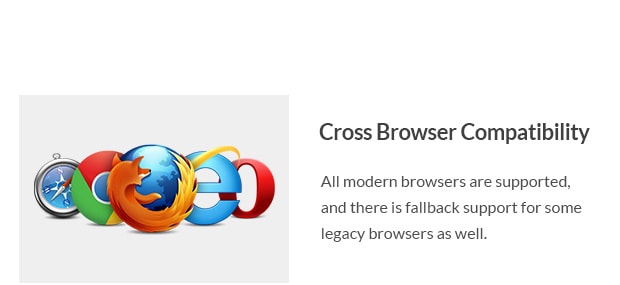 All modern browsers are supported, and there is fallback support for some legacy browsers as well.
