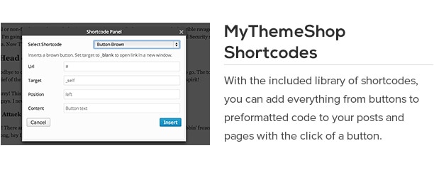 With the included library of shortcodes, you can add everything from buttons to preformatted code to your posts and pages with the click of a button.
