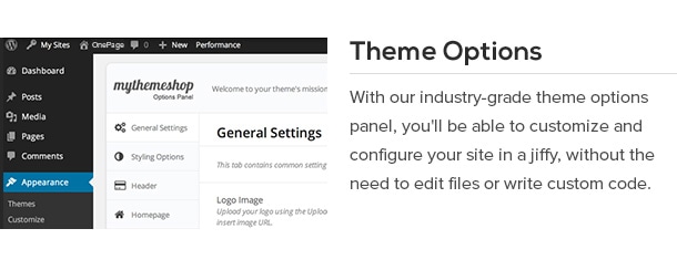 With our industry-grade theme options panel, you'll be able to customize and configure your site in a jiffy, without the need to edit files or write custom code.