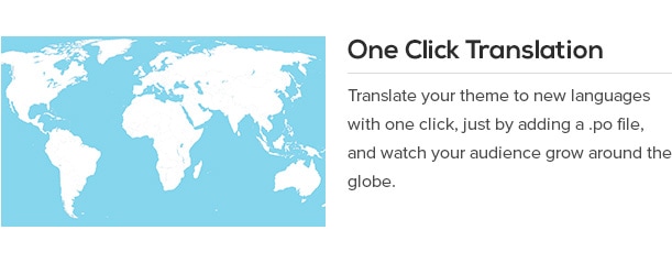 Translate your theme to new languages with one click, just by adding a .po file, and watch your audience grow around the globe.