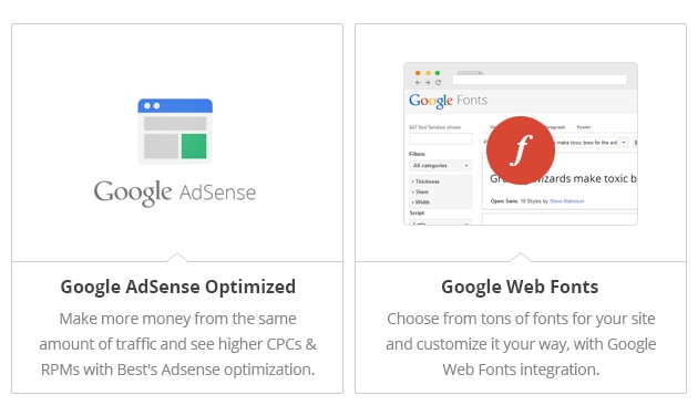 Google Adsense Optimized - Make more money from the same amount off traffic and see higher CPCs and RPMs with Best's Adsense optimization. Google Web Fonts - Choose from tons of fonts for your site and customize it your way, with Google Web Fonts integration.