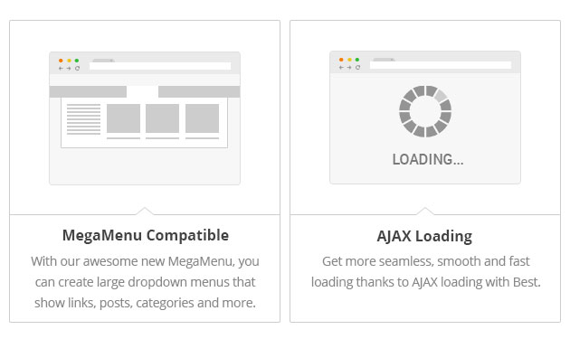 MegaMenu - With our awesome new MegaMenu, you can create large dropdown menus that show links, posts, categories and more. AJAX Load Get more - seamless, smooth and fast loading thanks to AJAX loading with Best.