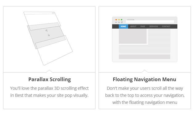 Parallax Scrolling - You'll love the parallax 3D scrolling effect in Best that makes your site pop visually. Floating Navigation Menu - Don't make your users scroll all the way back to the top to access your navigation, with the floating navigation menu included in Best.