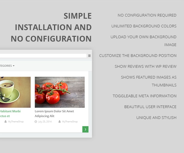 Simple Installation and No Configuration No configuration required Unlimited background colors Upload your own background image Customize the background position Show reviews with WP review Shows featured images as thumbnails Toggleable meta information Beautiful user interface Unique and stylish