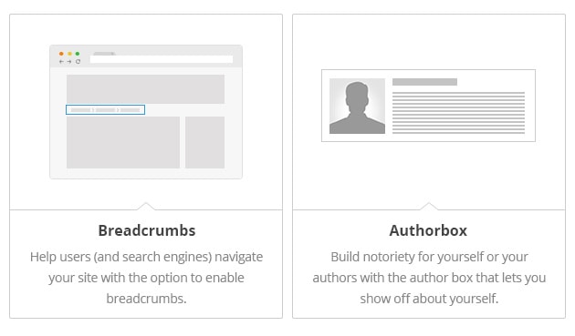 Breadcrumbs - Help users (and search engines) navigate your site with the option to enable breadcrumbs. Author Box - Build notoriety for yourself or your authors with the author box that lets you show off about yourself.