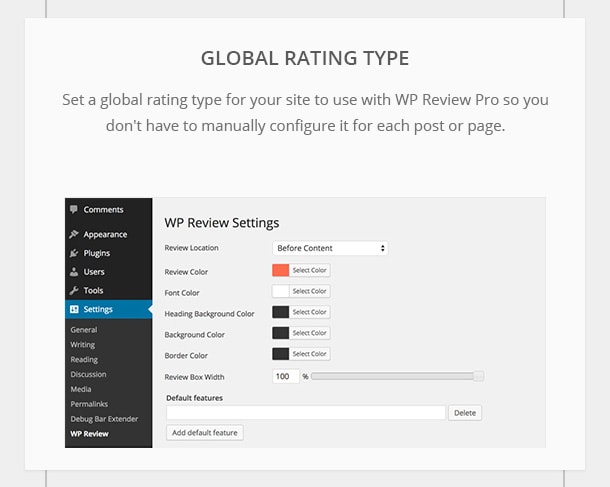 Global Rating Type - Set a global rating type for your site to use with WP Review Pro so you don't have to manually configure it for each post or page.
