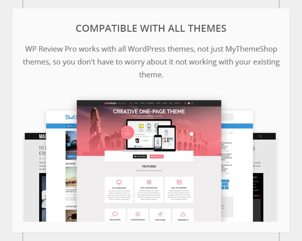 Compatible with All Themes - WP Review Pro works with all WordPress themes, not just MyThemeShop themes, so you don't have to worry about it not working with your existing theme.
