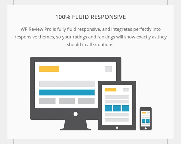 100% Fluid Responsive - WP Review Pro is fully fluid responsive, and integrates perfectly into responsive themes, so your ratings and rankings will show exactly as they should in all situations.