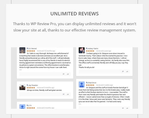 Unlimited Reviews - Thanks to WP Review Pro, you can display unlimited reviews and it won't slow your site at all, thanks to our effective review management system.