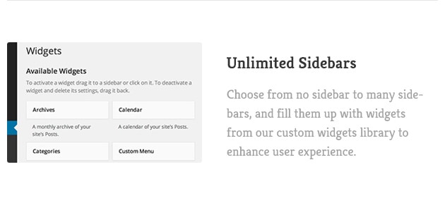 Choose from no sidebar to many sidebars, and fill them up with widgets from our custom widgets library to enhance user experience.