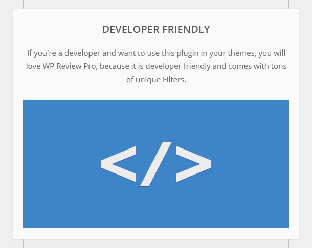 Developer Friendly - If you're a developer and want to do special customizations, you'll love WP Review Pro, because it's developer friendly and the code is easy to understand.