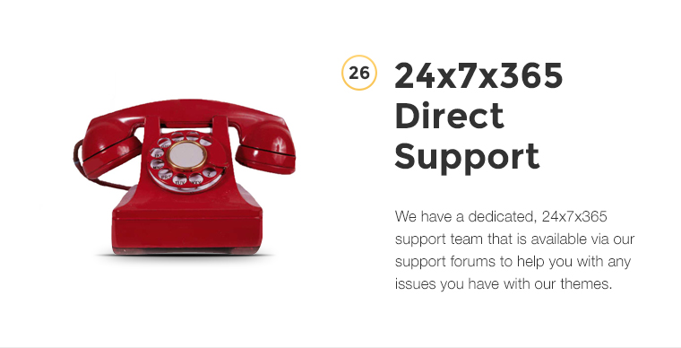Direct Support We have a dedicated, 24x7 support team that is available via our support forums to help you with any issues you have with our themes.