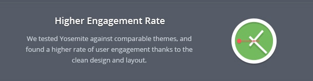 We tested Yosemite against comparable themes, and found a higher rate of user engagement thanks to the clean design and layout.