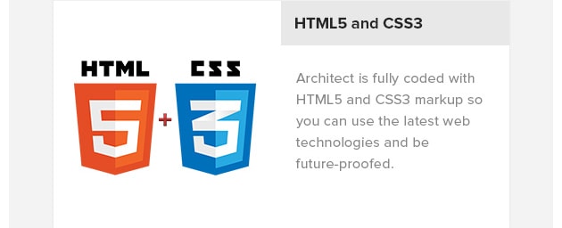 HTML5 and CSS3. Architect is fully coded with HTML5 and CSS3 markup so you can use the latest web technologies and be future-proofed.