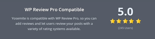 Yosemite is compatible with WP Review Pro, so you can add reviews and let users review your posts with a variety of rating systems available.