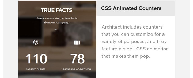 CSS Animated Counters. Architect includes counters that you can customize for a variety of purposes, and they feature a sleek CSS animation that makes them pop.