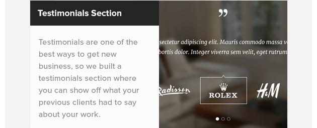 Testimonials Section. Testimonials are one of the best ways to get new business, so we built a testimonials section where you can show off what your previous clients had to say about your work.