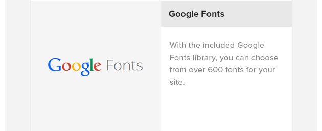 Google Fonts. With the included Google Fonts library, you can choose from over 600 fonts for your site.