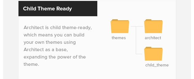 Child Theme Ready. Architect is child theme-ready, which means you can build your own themes using Architect as a base, expanding the power of the theme.