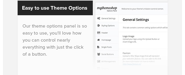 Easy to Use Theme Options. Our theme options panel is so easy to use, you'll love how you can control nearly everything with just the click of a button.