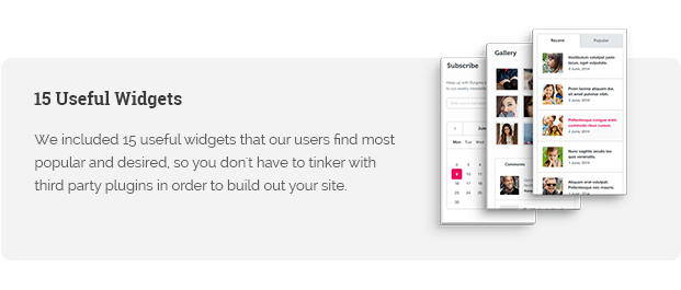 We included 15 useful widgets that our users find most popular and desired, so you don't have to tinker with third party plugins in order to build out your site.