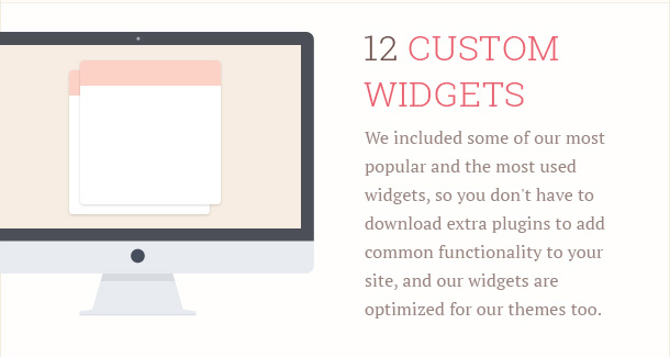 We included some of our most popular and the most used widgets, so you don't have to download extra plugins to add common functionality to your site, and our widgets are optimized for our themes too.