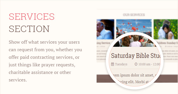 Show off what services your users can request from you, whether you offer paid contracting services, or just things like prayer requests, charitable assistance or other services.