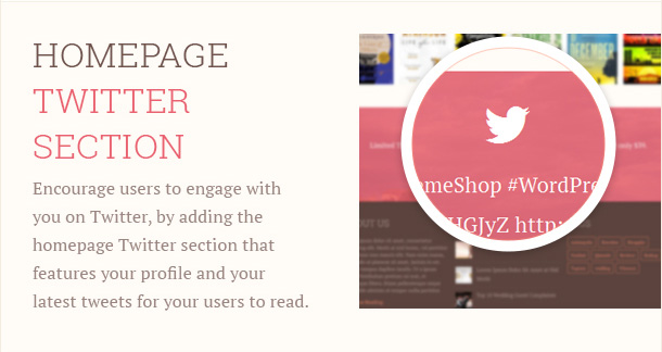 Encourage users to engage with you on Twitter, by adding the homepage Twitter section that features your profile and your latest tweets for your users to read.