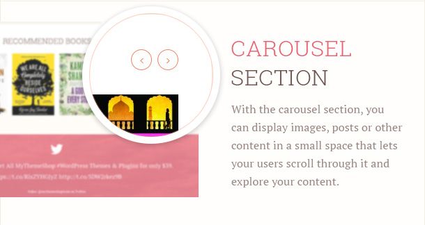 With the carousel section, you can display images, posts or other content in a small space that lets your users scroll through it and explore your content.