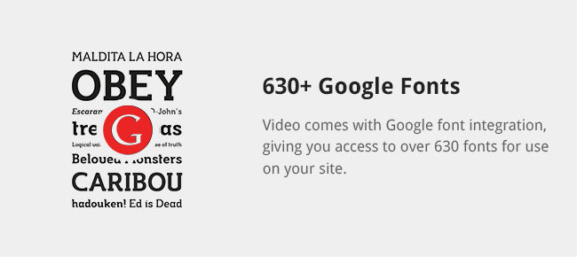 Video comes with Google font integration, giving you access to over 630 fonts for use on your site.