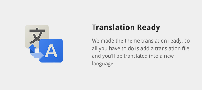 We made the theme translation ready, so all you have to do is add a translation file and you'll be translated into a new language.