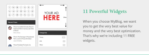 When you choose MyBlog, we want you to get the very best value for money and the very best optimization. That’s why we’re including 11 FREE widgets.