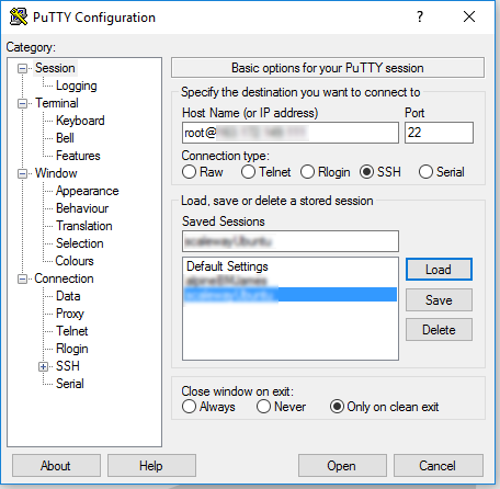 Putty Configuration Screen