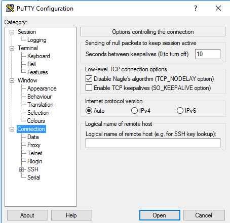 putty connection settings