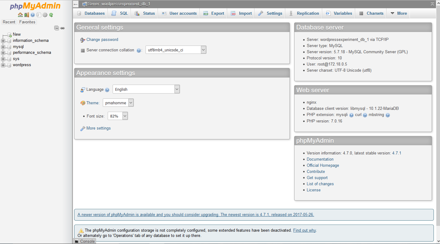 Main Dashboard phpMyAdmin