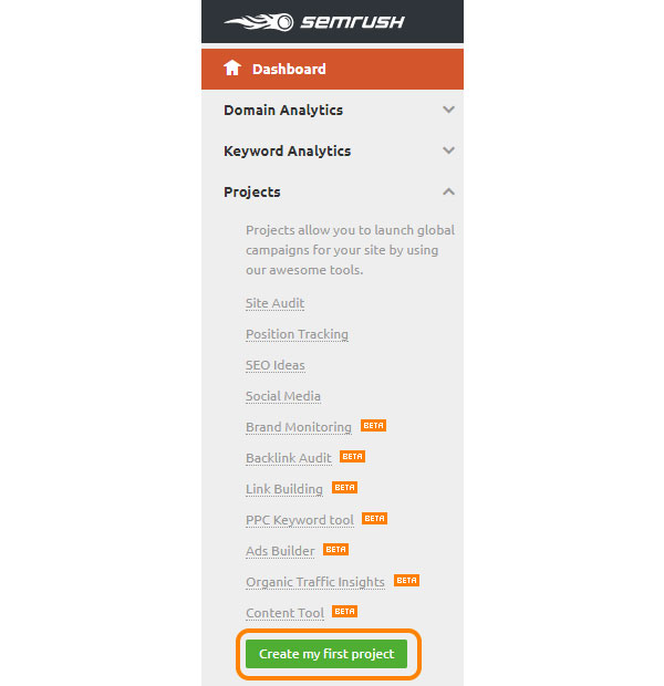 semrush dashboard Add new-project