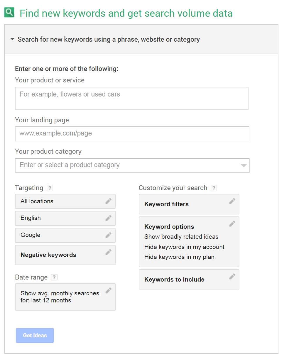 Google Keyword Planner option 1