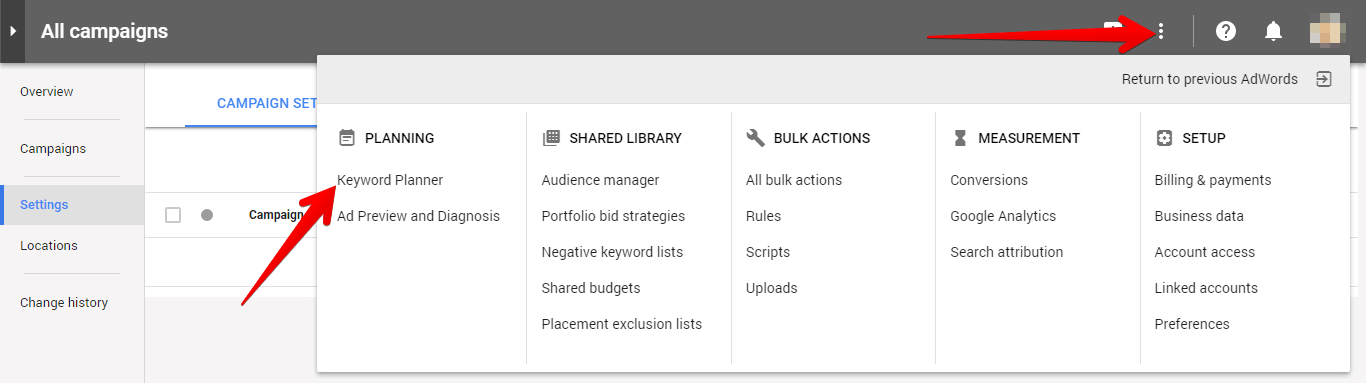 navigate to google keyword planner