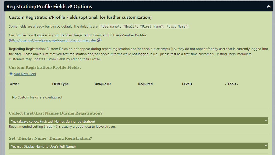 Registration Profile Fields and Options