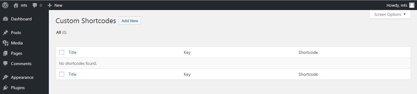 custom shortcodes screen